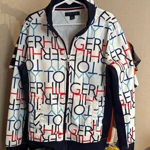 Tommy Hilfiger Men's White and Blue Graphic Bomber Jacket